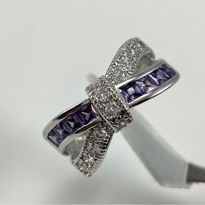 Beautiful Knot Style Purple Amethyst White Diamond CZ Silver Plated Ring Band‎